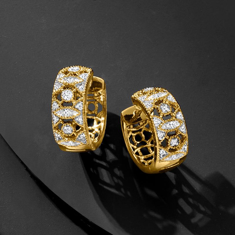 18kt gold over sterling diamond hoop earrings with openwork design