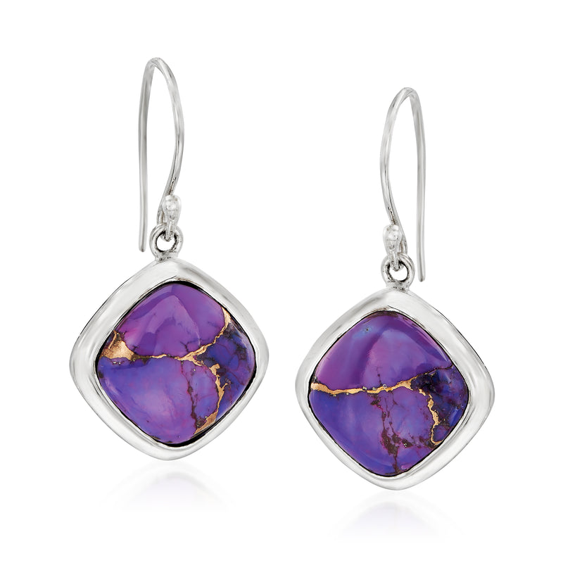 Sterling silver drop earrings with purple mosaic turquoise in teardrop settings