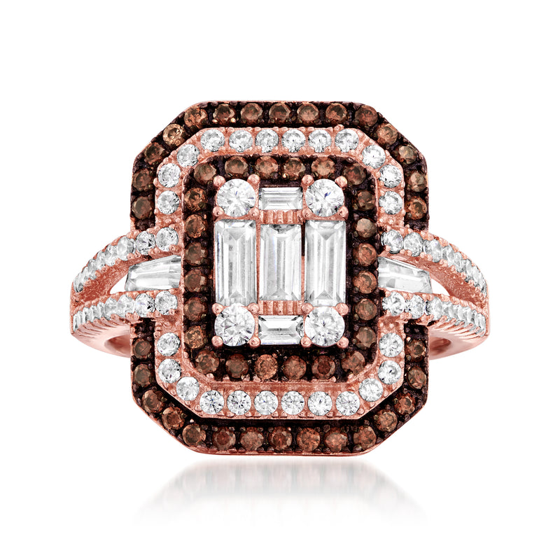 Rose gold CZ ring with white and brown halo, square center stone, double band.