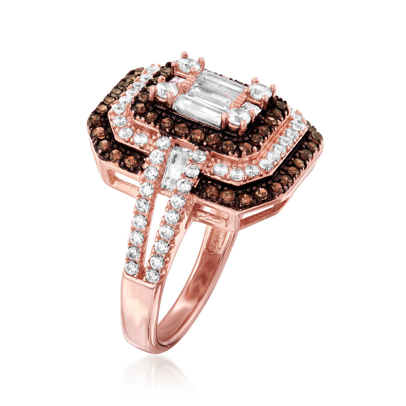 Rose gold over sterling ring with white and brown CZ stones