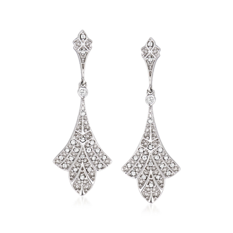 Sterling silver diamond floral drop earrings with fan-shaped dangle and round stones
