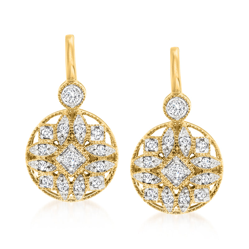 Gold over sterling drop earrings with round diamond halo and teardrop center