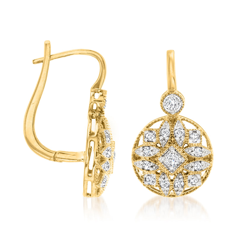 Vintage-style diamond drop earrings with round filigree pendants in gold over sterling