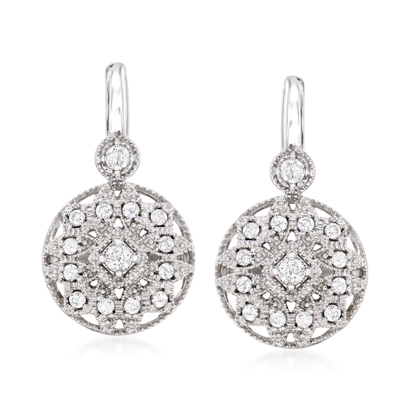 Sterling silver diamond drop earrings with round filigree dangles