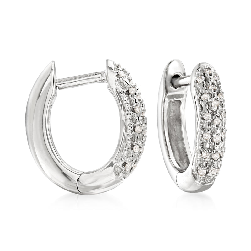 Diamond huggie hoop earrings with pavé diamond front and polished silver tone