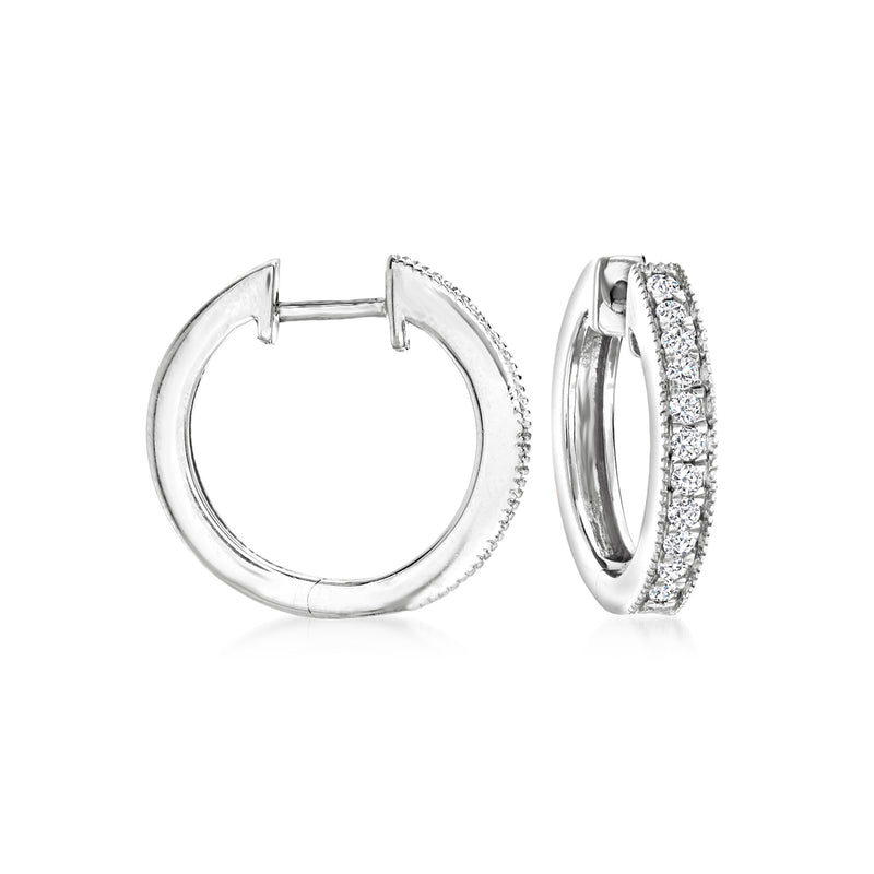 Sterling silver diamond hoop earrings with milgrain edge, small round hoops.