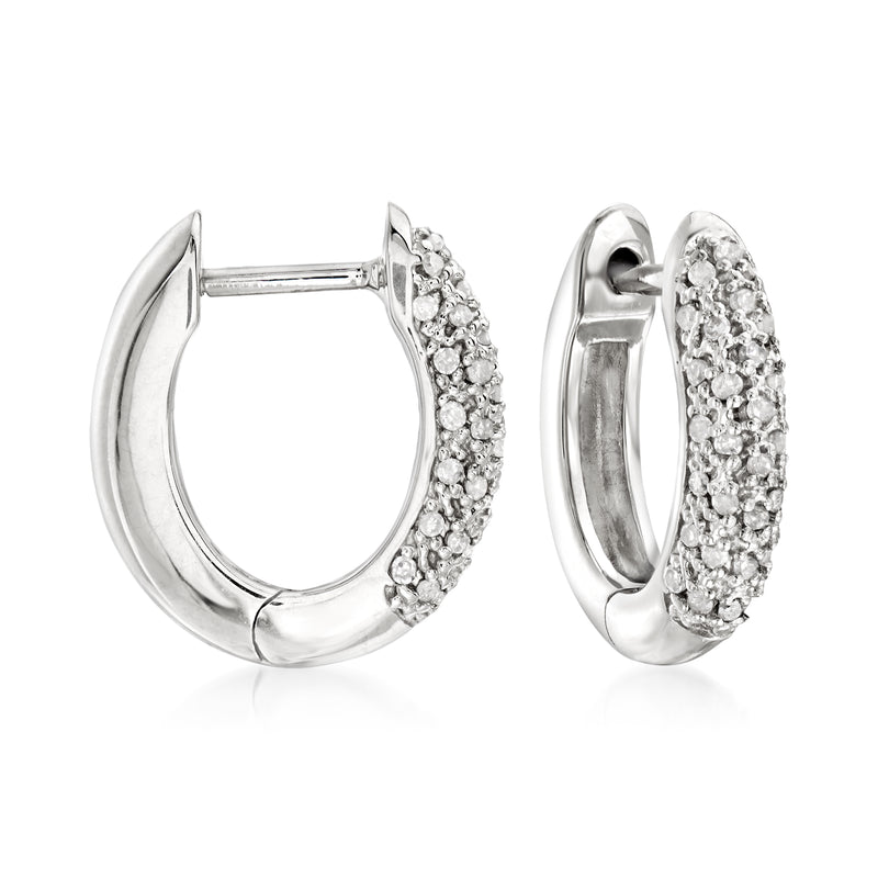 Sterling silver hoop earrings with pave-set diamond accents and hinged clasp