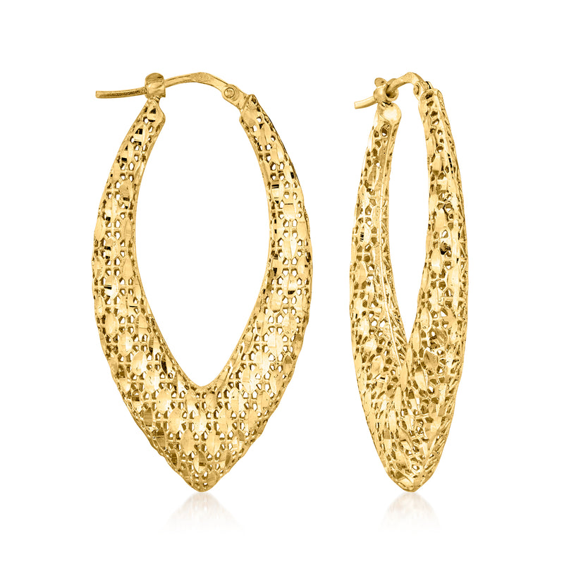 Gold pointed hoop earrings with textured lattice design, hinged clasp closure