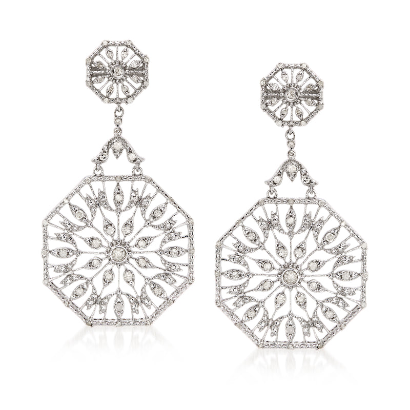 Sterling silver octagon diamond drop earrings with filigree and round centers
