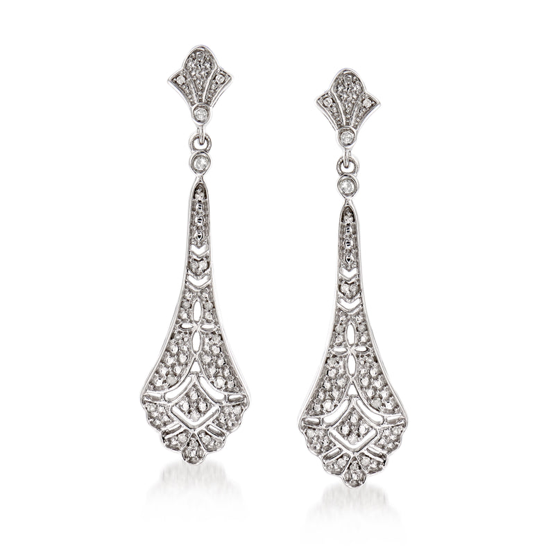 Sterling silver diamond openwork drop earrings with elongated teardrop design