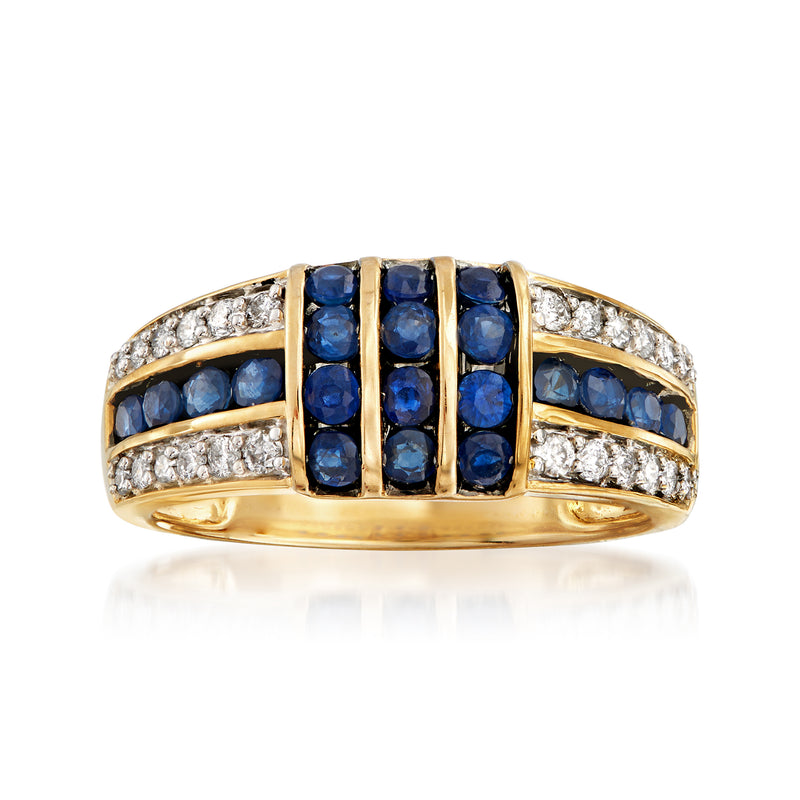 14kt yellow gold ring with blue sapphire center and diamond pave side accents