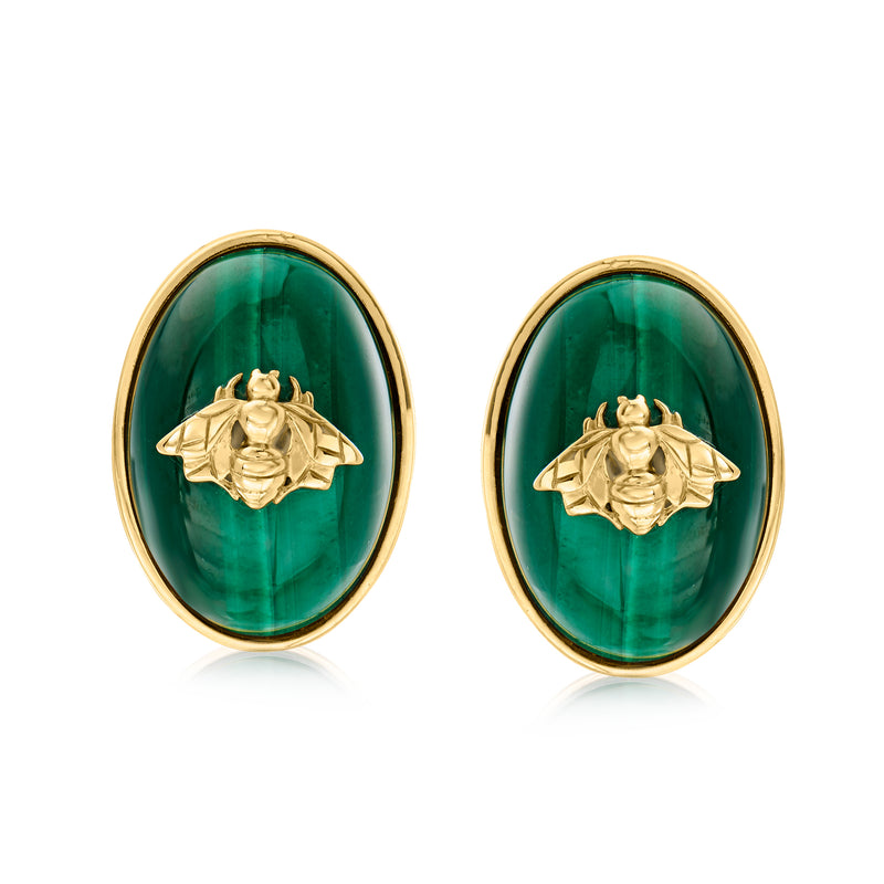 Oval malachite bug stud earrings in yellow gold bezel, green cabochon with gold bug