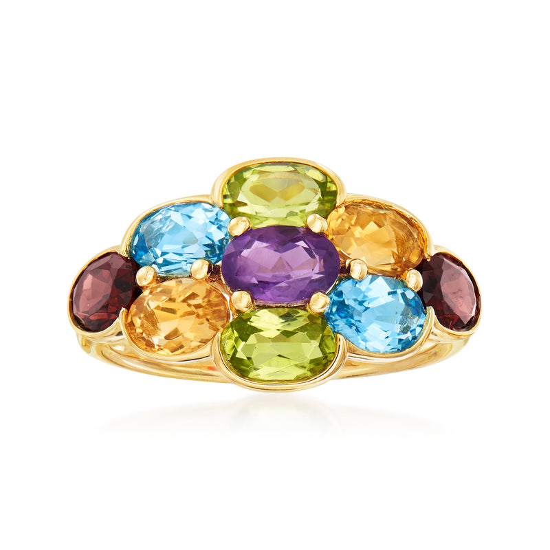 Gold-tone multi-gemstone ring with oval green, blue, purple, and yellow stones