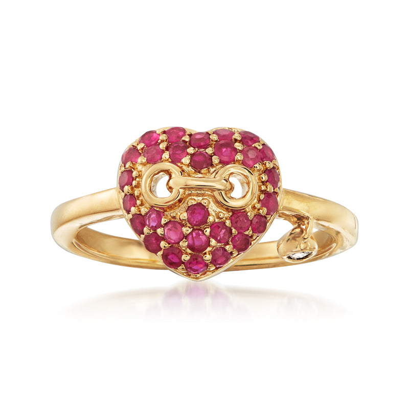 Heart-shaped ruby ring in 18k gold over sterling, red gemstone clusters
