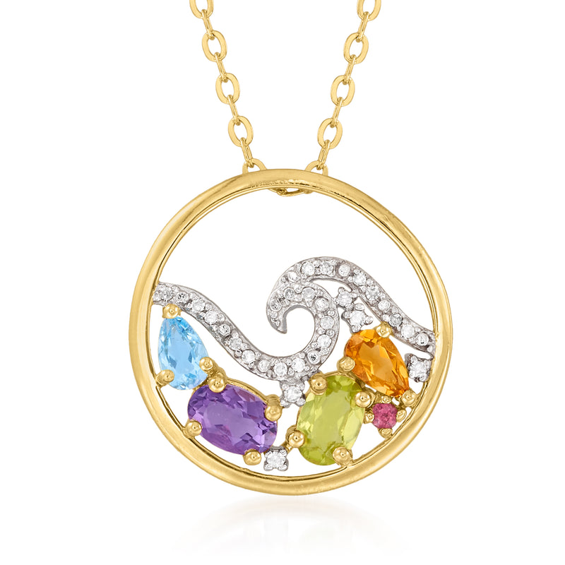 Gold wave pendant necklace with multi-gemstones, round frame, diamond accents