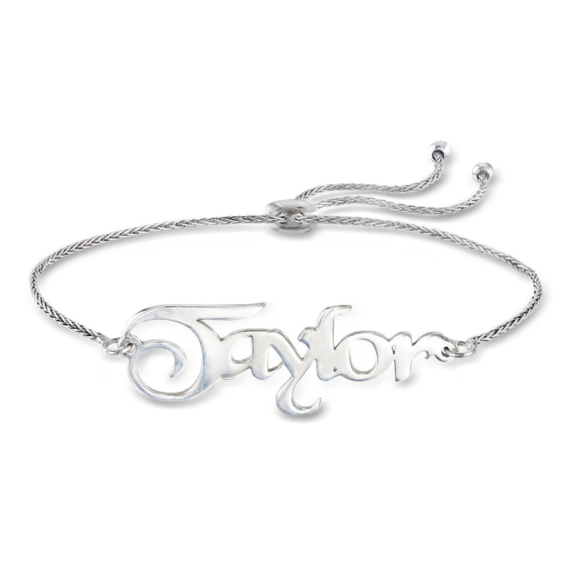 Sterling silver bolo bracelet with engraved name 'Taylor' and adjustable sliding cords