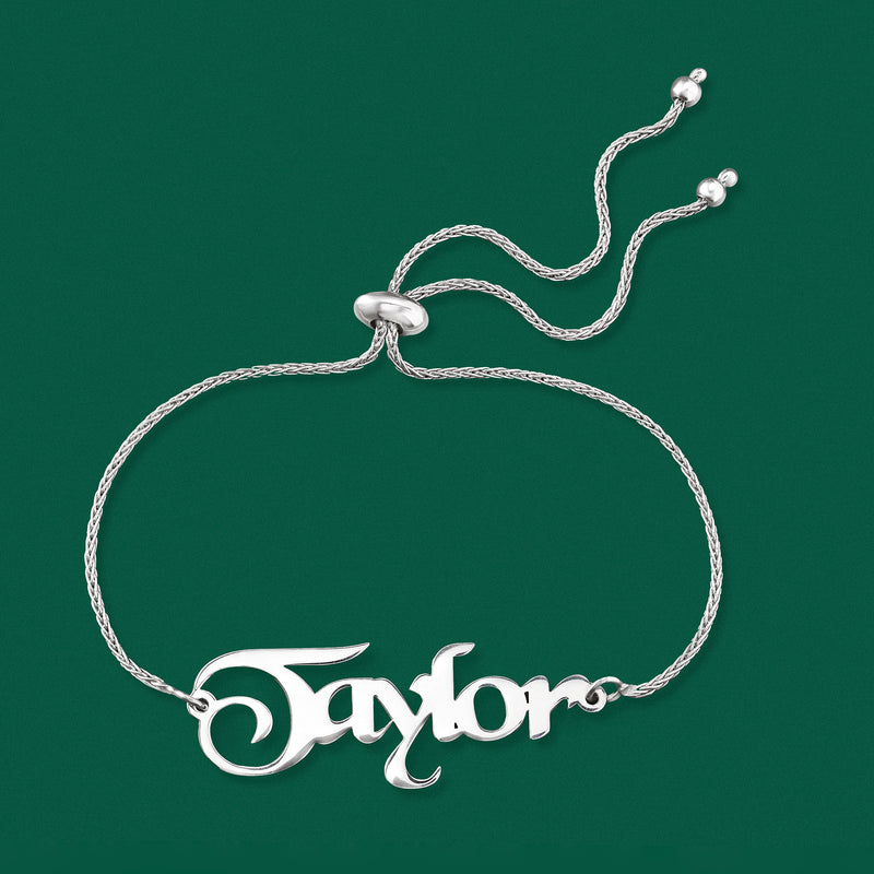 Sterling silver bolo bracelet with script name 'Taylor' on sliding adjustable cord