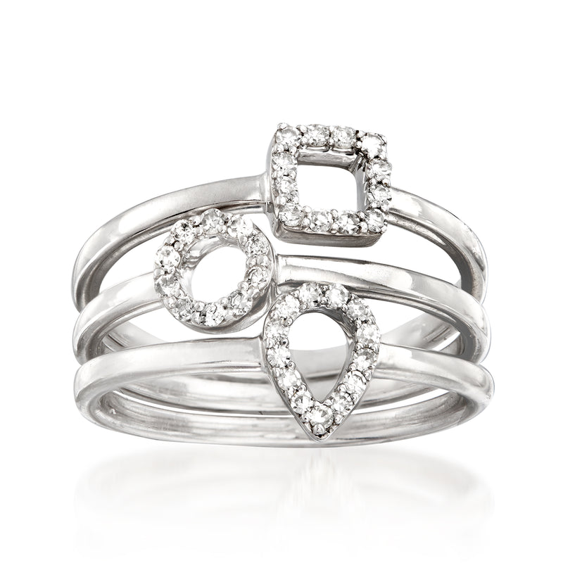 Sterling silver diamond jewelry set with three rings: round, square, and pear clusters