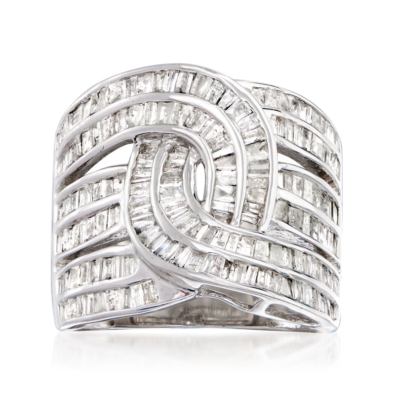 Sterling silver interlocking baguette diamond ring with polished stacked bands