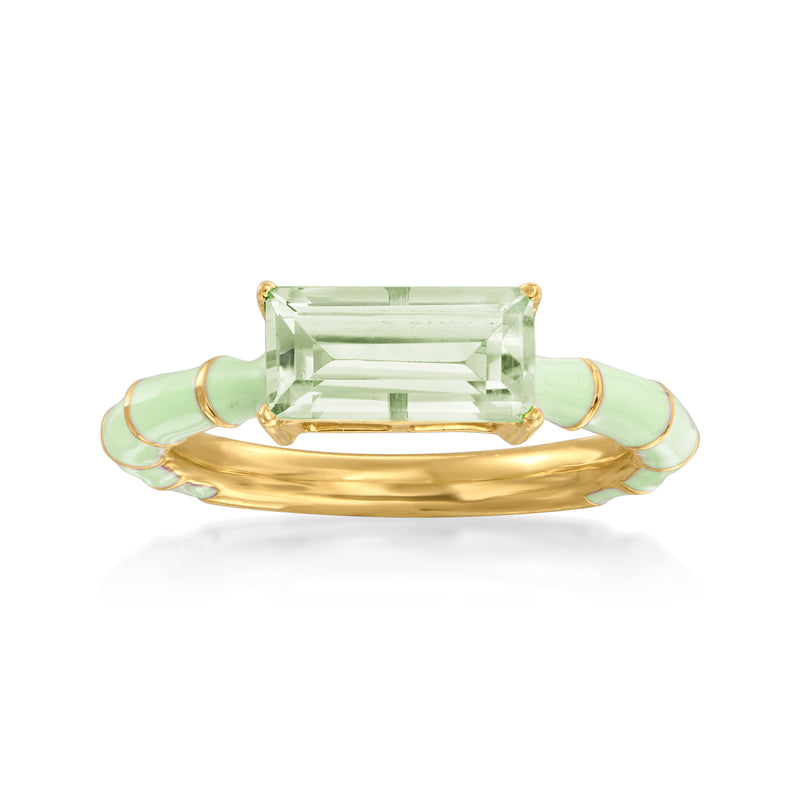 Prasiolite ring with green enamel, emerald-cut pale green stone in gold bezel