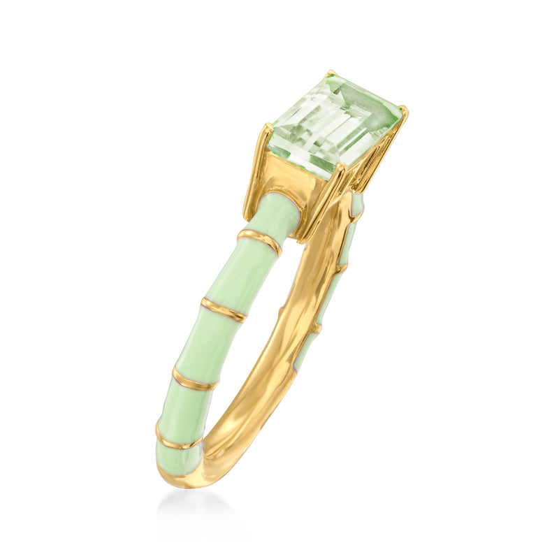 Gold-tone ring with pale green emerald-cut stone and green enamel side accents