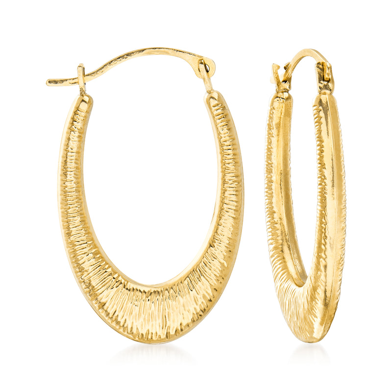 14kt yellow gold textured oval hoop earrings with hinged closure