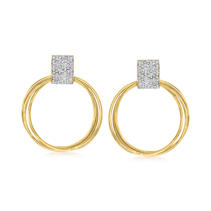 Diamond doorknocker drop earrings in gold with pavé rectangular tops