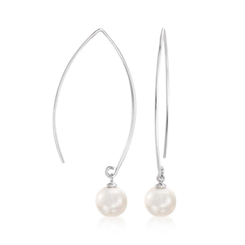 Sterling silver earwire pearl drop earrings with round shell pearls, angled view