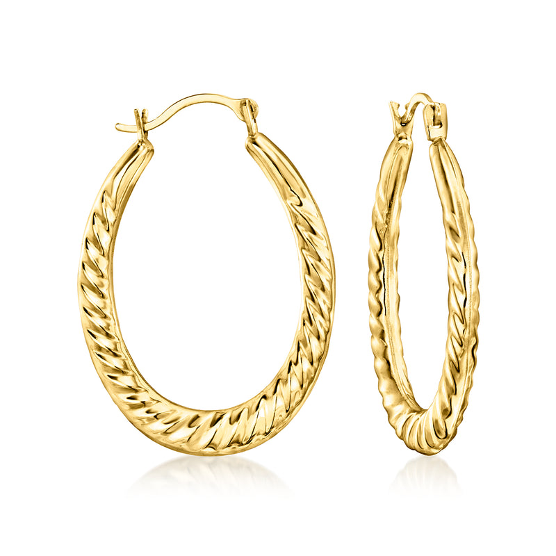 14kt yellow gold twisted-oval hoop earrings, hinged clasp visible