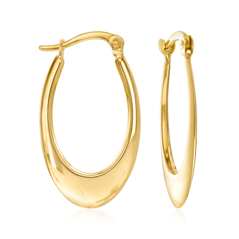 14kt yellow gold oval hoop earrings, glossy finish with hinged clasp detail