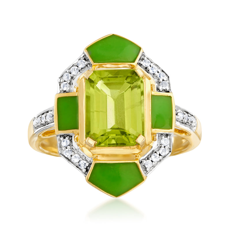Green peridot-style gemstone ring with green enamel, clear stones, gold-toned setting
