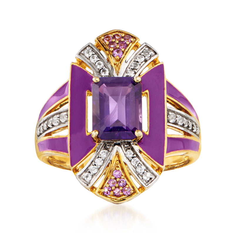 Amethyst and white topaz ring with purple enamel, square amethyst centerpiece, gold-tone