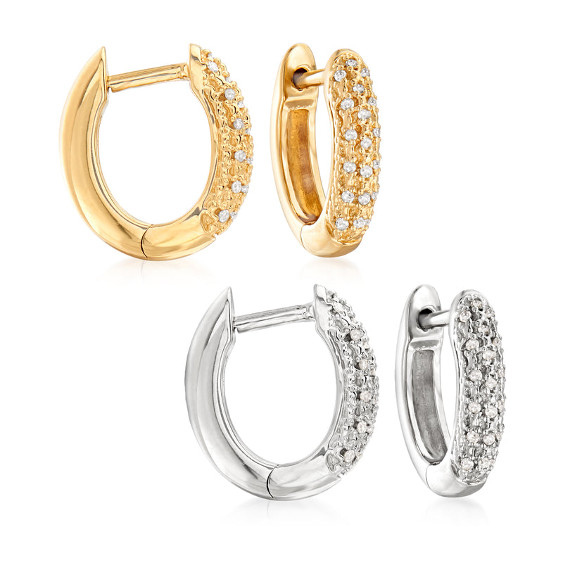Diamond huggie hoop earring set, one gold-tone pair and one silver pair