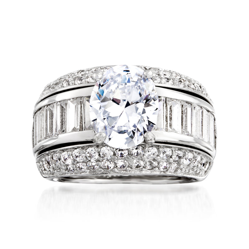 Sterling silver CZ ring set with oval center stone and baguette guard bands