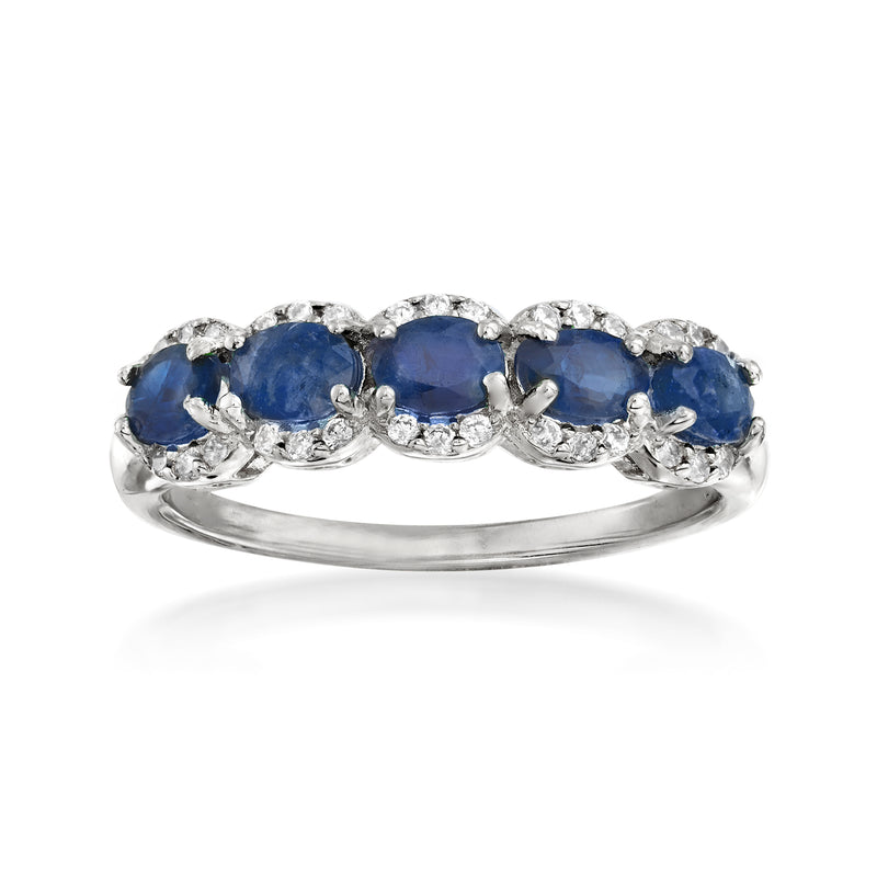 Sterling silver ring with three oval blue sapphire accents and white zircon halos