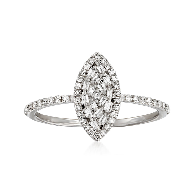 14kt white gold marquise diamond cluster ring with baguette-cut stones