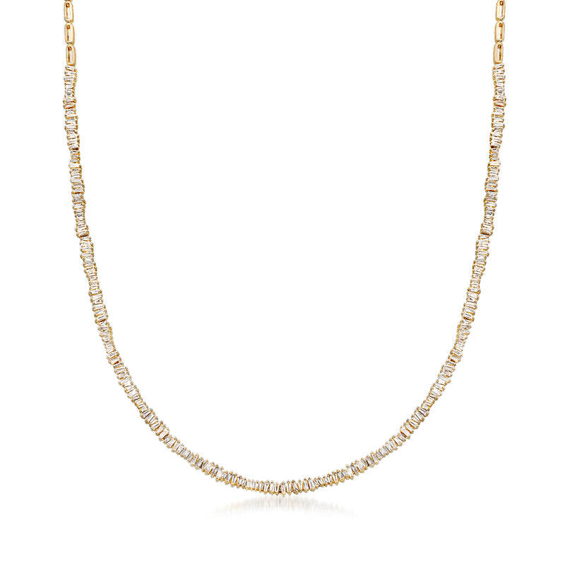 14kt yellow gold baguette diamond tennis necklace, continuous stone row
