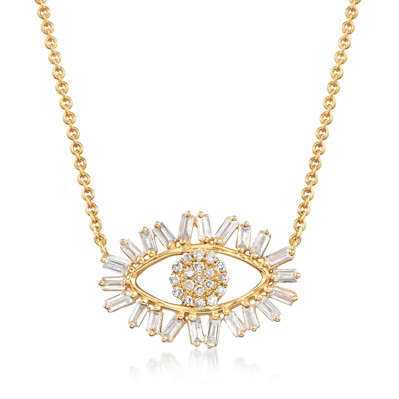 14kt yellow gold evil eye diamond necklace with round center and baguette accents