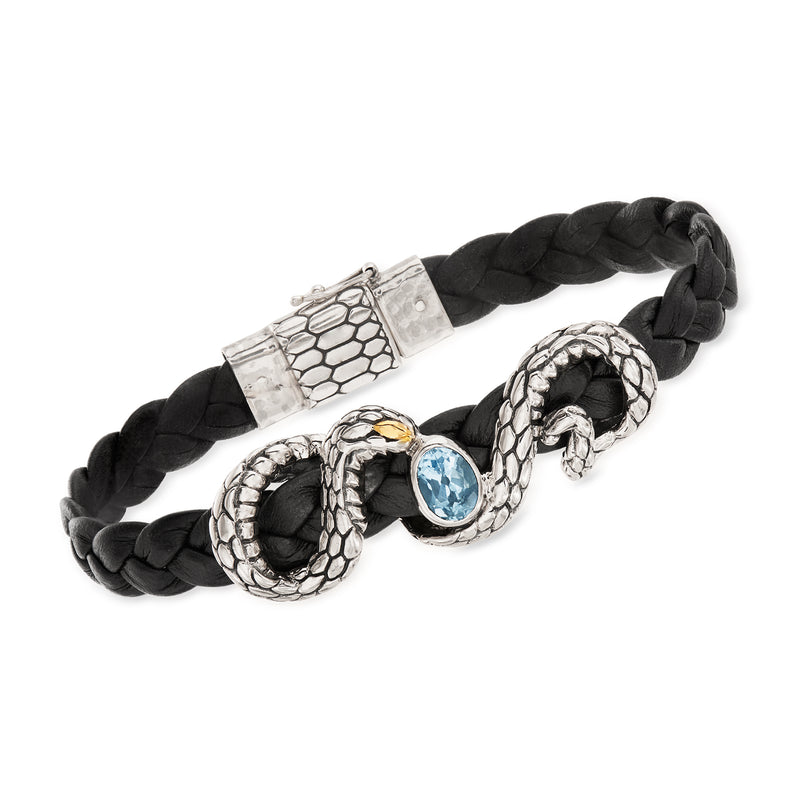 Black leather braided bracelet with silver snake clasp and sky-blue topaz