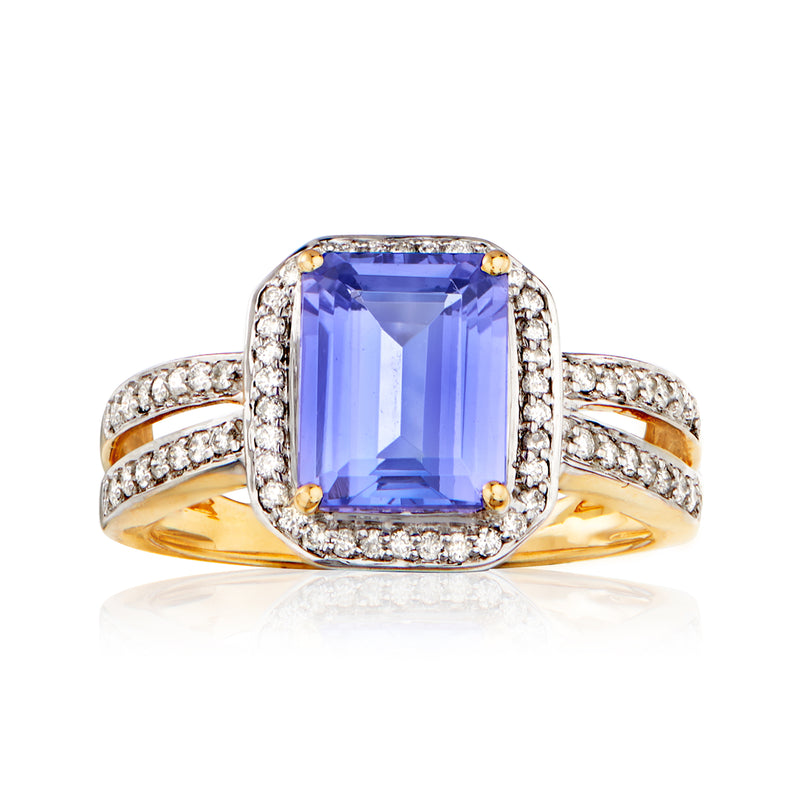 14kt yellow gold tanzanite and diamond ring with square cushion gemstone and side pave