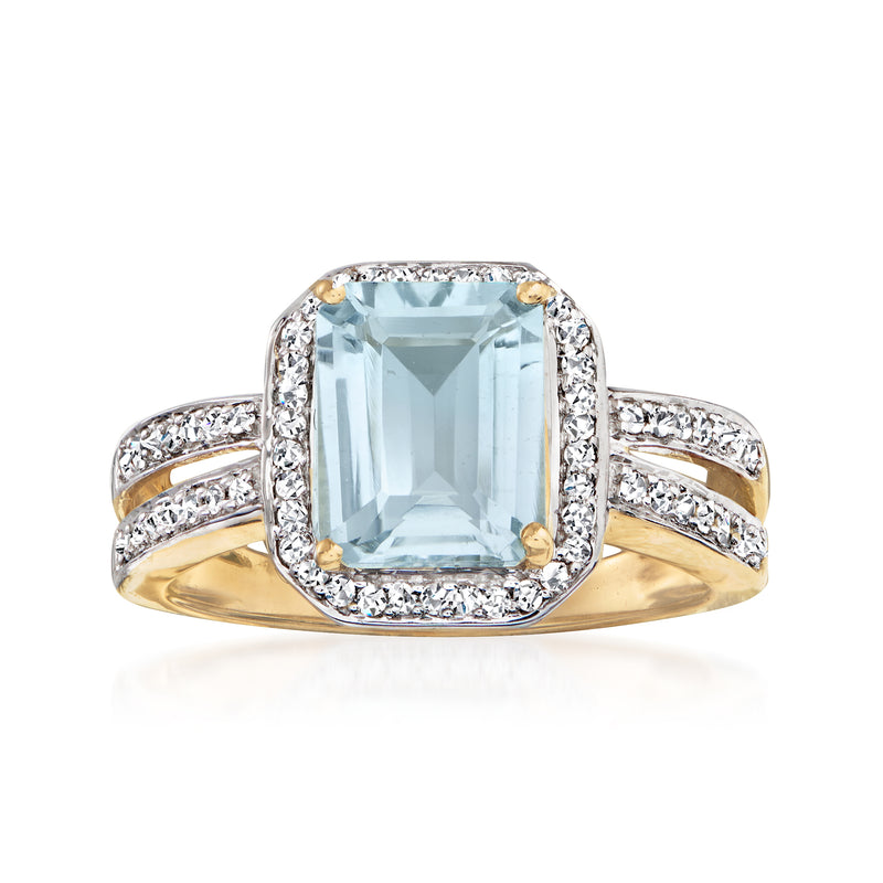14kt yellow gold aquamarine cushion halo ring with diamond split shank