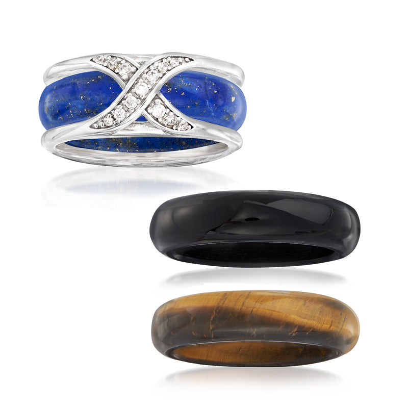 Sterling silver ring jacket with blue oval stones, infinity motif, two interchangeable bands
