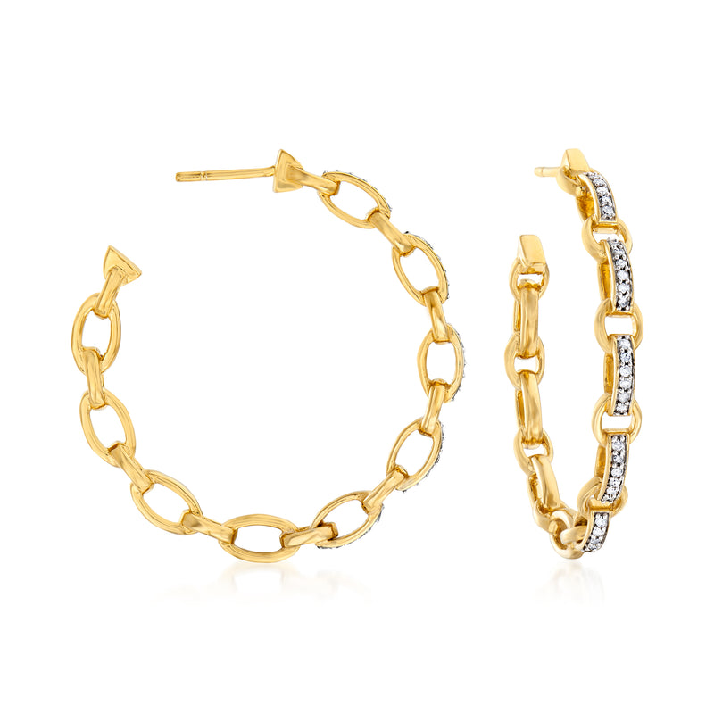 Gold over sterling hoop earrings with linked paper-clip chain and small diamond accents