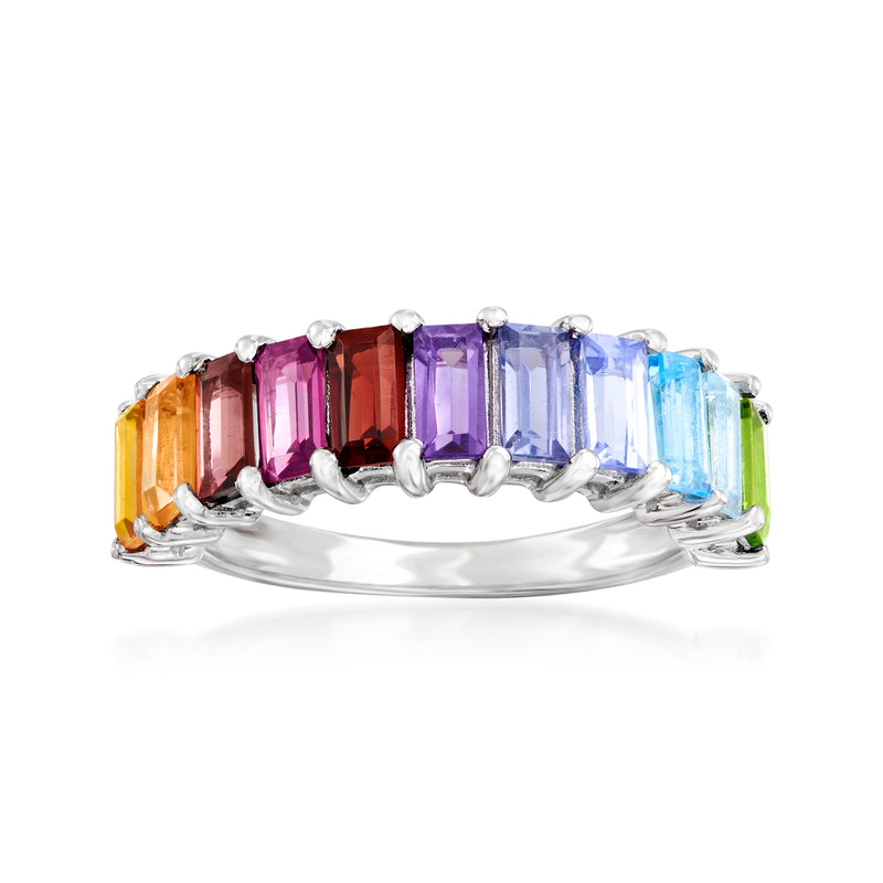 Sterling silver multi-gemstone ring with baguette-cut purple, blue, orange stones