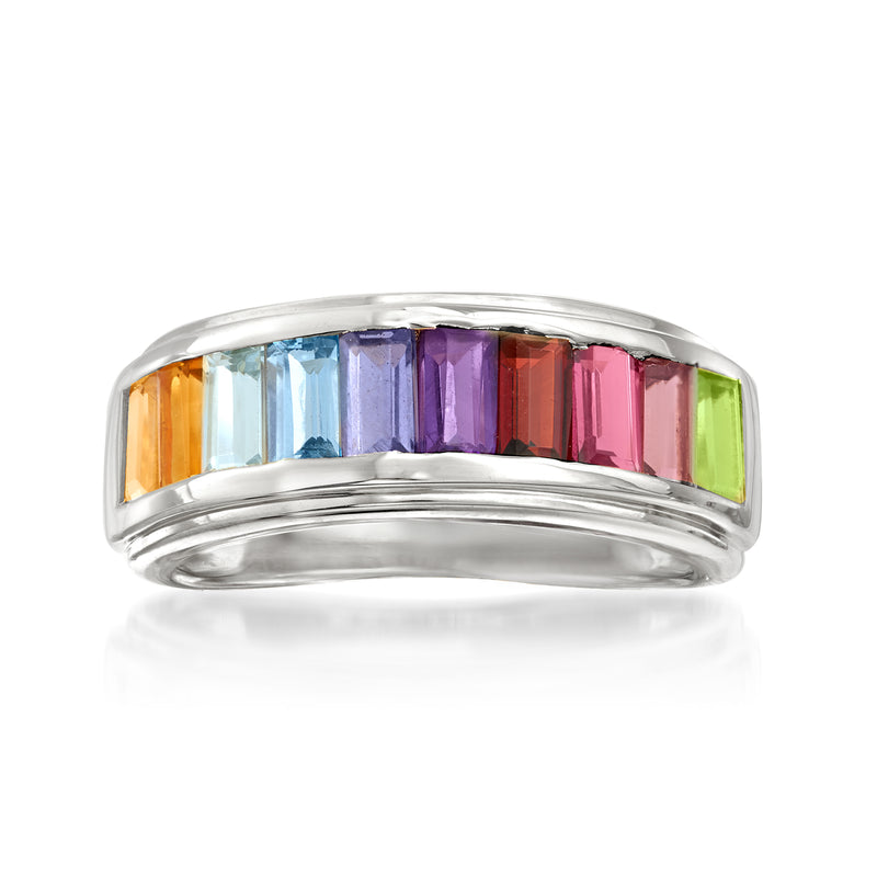 Sterling silver multi-gemstone ring with rainbow baguette-cut stones, wide band