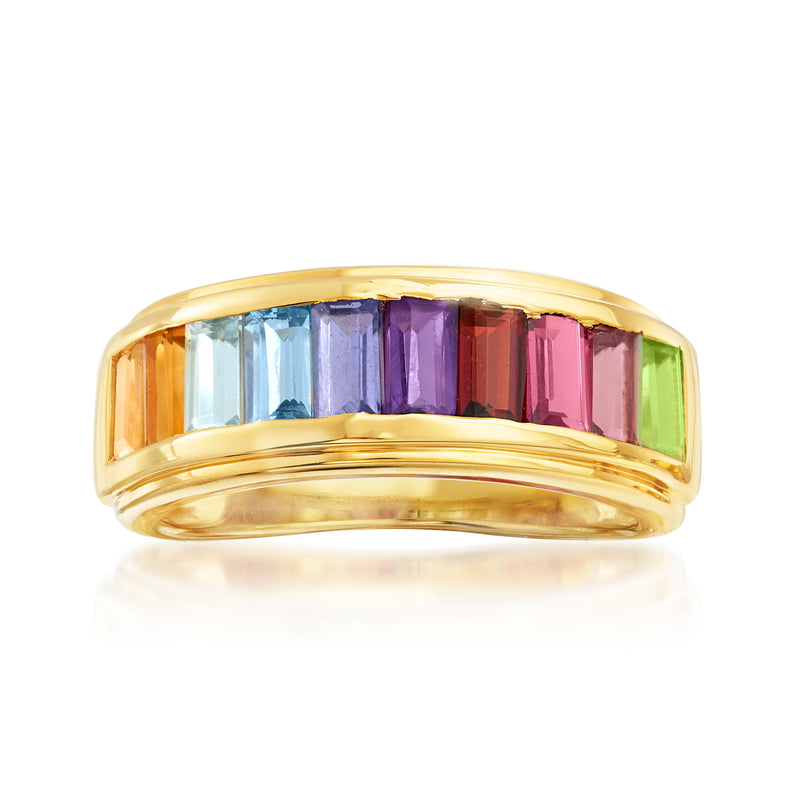 Gold multi-gemstone ring with colorful rectangular stones in a row