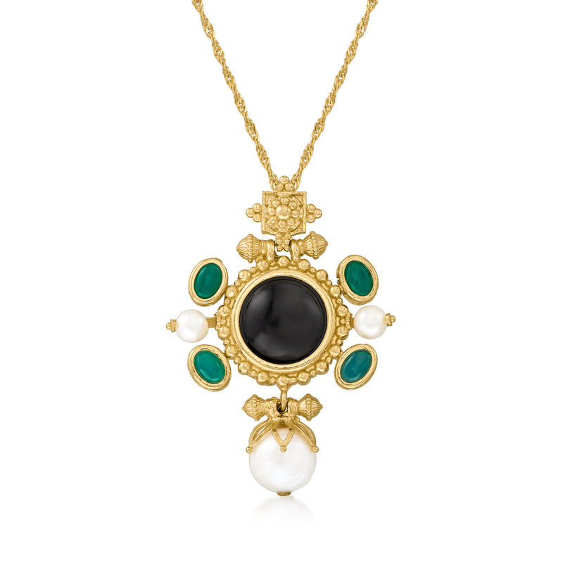 Gold-tone pendant necklace: black onyx center, green accents, pearl drop
