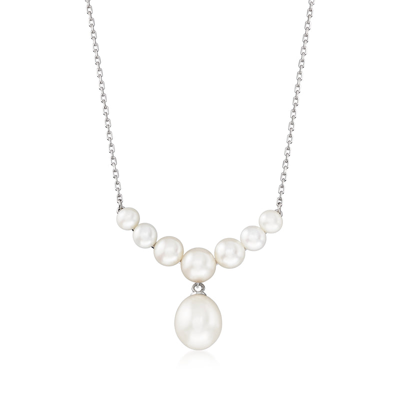 Sterling silver cultured pearl drop necklace with round pearls and large pearl pendant