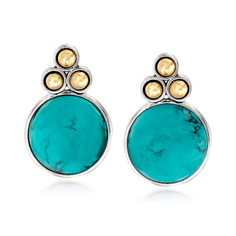 Turquoise round bead stud earrings with three gold-tone accents in sterling silver