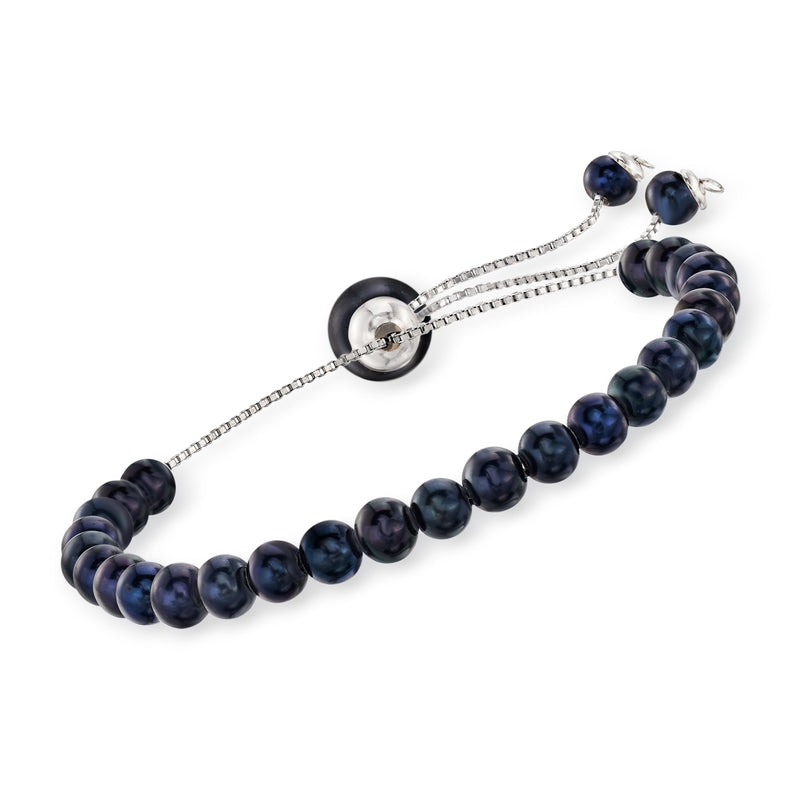 Black cultured pearl bolo bracelet with sterling silver clasp and round dark beads